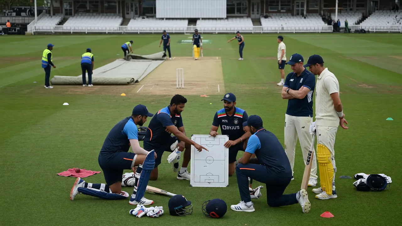 Fielders and bowlers gather for a mid-innings tactical discussion on a green English outfield