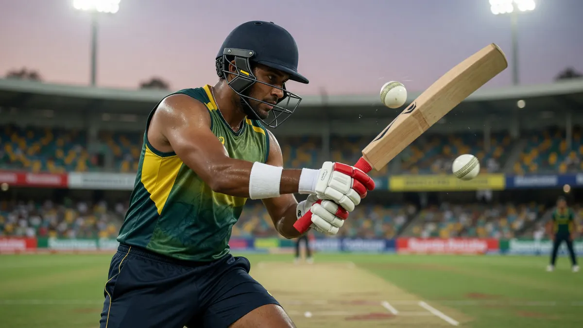 A T20 international batter driving through the line during a powerplay, the kind of role that drove fantasy captaincy picks throughout the World Cup