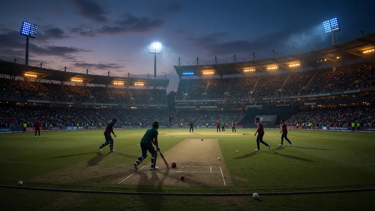 A floodlit T20 international cricket stadium at dusk, the kind of venue that hosted the 2026 T20 World Cup across India and Sri Lanka