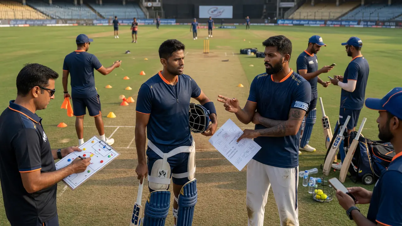 Medium tactical view of an IPL fielding unit set in the circle while a captain and bowler confer mid-over under floodlights