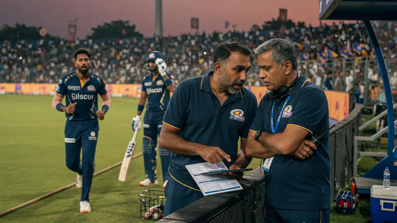Close sideline action of an all-rounder in blue kit swinging through a delivery under stadium lights during an IPL night match