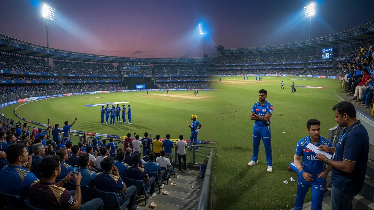 Wide evening view of a packed IPL cricket stadium with floodlights over the outfield as Mumbai Indians begin their post-season review