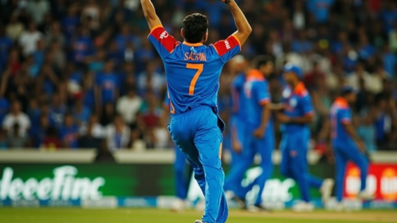A tight sideline action frame from a one-day international, capturing the kind of seam-bowling depth Mukund's 15-man squad is built around