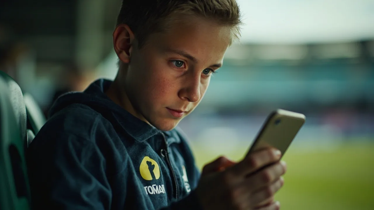 Medium close-up of a young cricket fan in casual sportswear studying a smartphone screen at a stadium concourse, framing the in-app decision moment a sports-offer eligibility checklist addresses