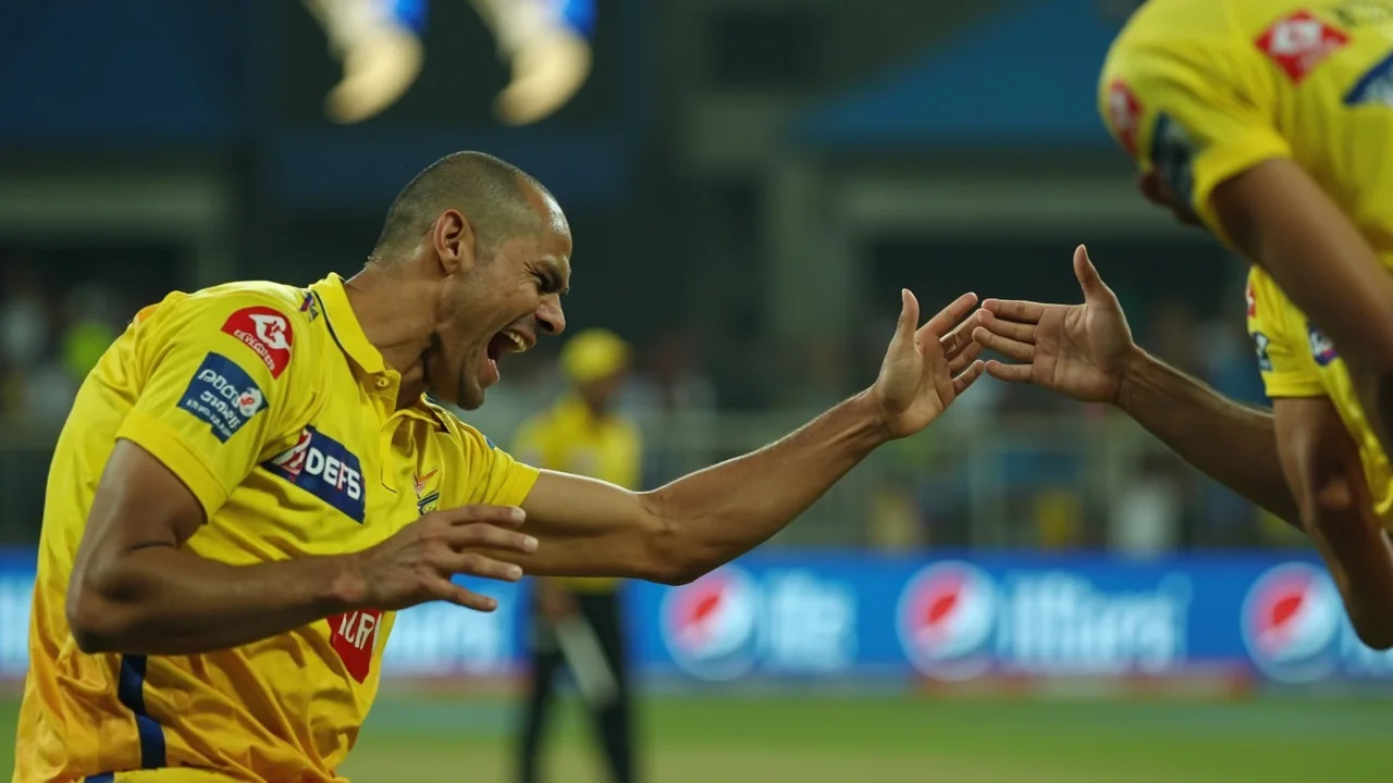 A medium tactical shot showing a senior Indian Premier League squad in a training huddle, framing the kind of squad-meeting moment that will shape CSK's IPL 2027 retention list