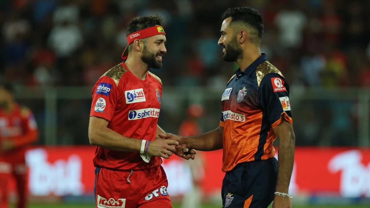 Gujarat Titans fielders reset between overs at Sawai Mansingh Stadium during the 2026 IPL evening fixture, with the captain reviewing the field setting
