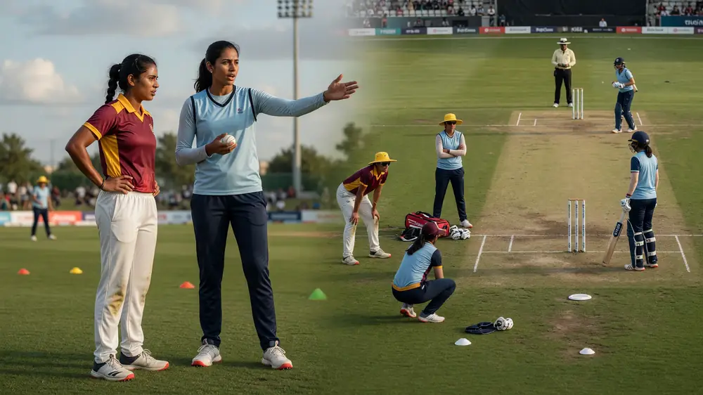 Medium shot of fielders and a bowler setting a ring on a sunlit outfield during a women’s professional cricket match, with the batter waiting at the non-striker’s end