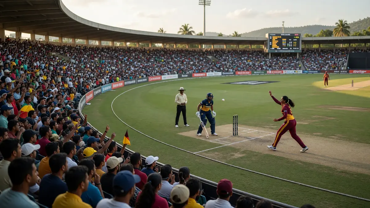 Wide daytime view of a packed English cricket ground with floodlights, green outfield and full stands framing Match 17 atmosphere at Trent Bridge