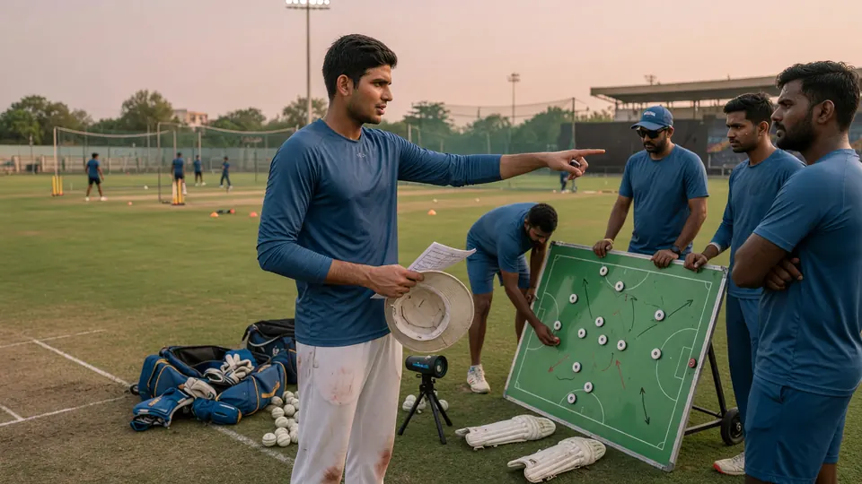 Medium shot of fielders and a bowler setting positions on a cricket field during a tactical phase of play
