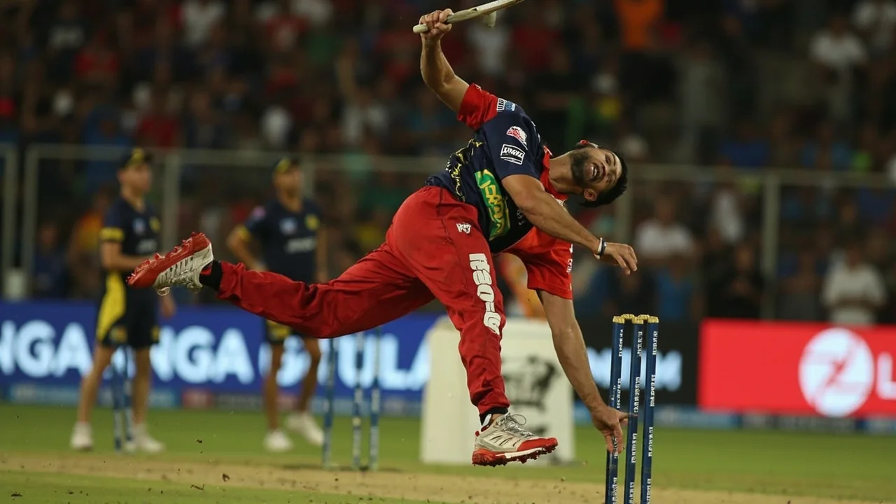 A tight sideline frame of an IPL bowler at the end of his run-up during a powerplay over, the kind of in-play moment the official My11Circle Fantasy League scoring system tracks ball-by-ball