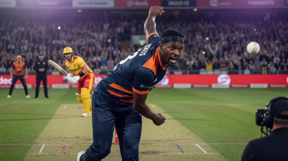 Male batter in coloured kit drives through the off side during a professional T20 match, with the wicketkeeper and slip cordon blurred behind